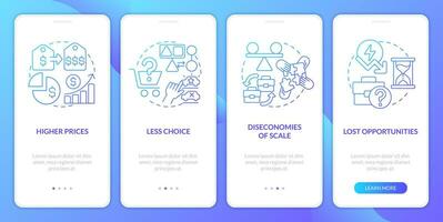 Drawbacks of mergers blue gradient onboarding mobile app screen. Diseconomies walkthrough 4 steps graphic instructions with linear concepts. UI, UX, GUI template vector