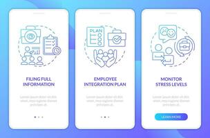 Stop mass exodus at work blue gradient onboarding mobile app screen. Walkthrough 3 steps graphic instructions with linear concepts. UI, UX, GUI template vector