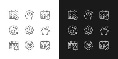 Time and date pixel perfect linear icons set for dark, light mode. Calendar management. Save money. Sandglass. Thin line symbols for night, day theme. Isolated illustrations. Editable stroke vector