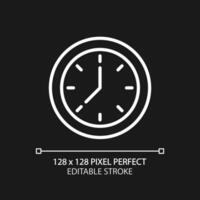 Clock face pixel perfect white linear icon for dark theme. Displaying time. Showing hours and minutes. Thin line illustration. Isolated symbol for night mode. Editable stroke vector