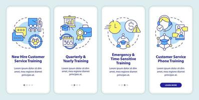 Customer service training types onboarding mobile app screen. Business walkthrough 4 steps editable graphic instructions with linear concepts. UI, UX, GUI template vector