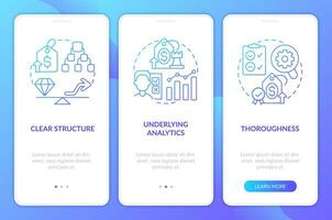 Price testing key factors blue gradient onboarding mobile app screen. Walkthrough 3 steps graphic instructions with linear concepts. UI, UX, GUI template vector