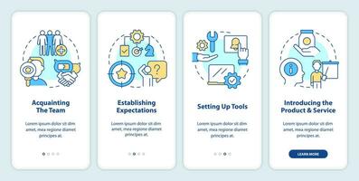 New hire customer service training steps onboarding mobile app screen. Walkthrough 4 steps editable graphic instructions with linear concepts. UI, UX, GUI template vector