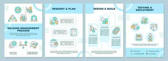 Release management process blue brochure template. Leaflet design with linear icons. Editable 4 vector layouts for presentation, annual reports