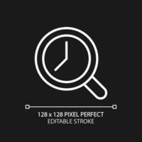 Magnifying glass with clock pixel perfect white linear icon for dark theme. Time tracking. Dial inside loupe. Thin line illustration. Isolated symbol for night mode. Editable stroke vector