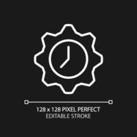 Time management pixel perfect white linear icon for dark theme. Flexible hours. Clock inside gear. Planning. Thin line illustration. Isolated symbol for night mode. Editable stroke vector