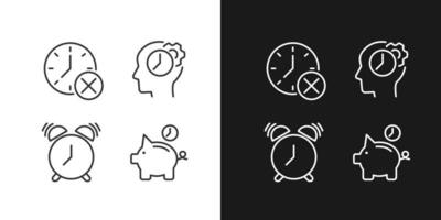 Organizing time wisely pixel perfect linear icons set for dark, light mode. Thinking. Alarm clock. Deadline cancel. Thin line symbols for night, day theme. Isolated illustrations. Editable stroke vector