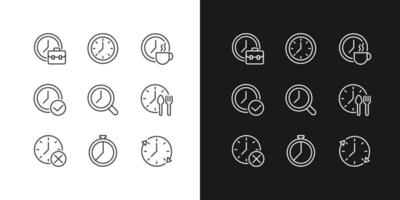 Timekeeping in daily life pixel perfect linear icons set for dark, light mode. Manage time at workplace. Clock device. Thin line symbols for night, day theme. Isolated illustrations. Editable stroke vector