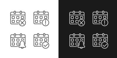 Calendar app management pixel perfect linear icons set for dark, light mode. Meeting reminder. Daily schedule. Thin line symbols for night, day theme. Isolated illustrations. Editable stroke vector