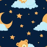 Night seamless pattern with sleeping bear, moon and stars vector
