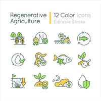 Regenerative agriculture RGB color icons set. Ecosystem conservation. Ecology. Farming and gardening. Isolated vector illustrations. Simple filled line drawings collection. Editable stroke