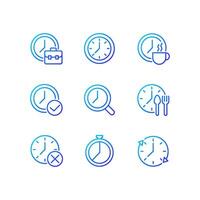 Timekeeping in daily life pixel perfect gradient linear vector icons set. Manage time at workplace. Clock device. Thin line contour symbol designs bundle. Isolated outline illustrations collection