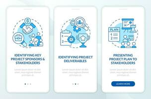 Project planning stages blue onboarding mobile app screen. Workflow walkthrough 3 steps editable graphic instructions with linear concepts. UI, UX, GUI template vector