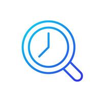 Magnifying glass with clock pixel perfect gradient linear vector icon. Time tracking. Dial inside loupe. Estimation. Thin line color symbol. Modern style pictogram. Vector isolated outline drawing