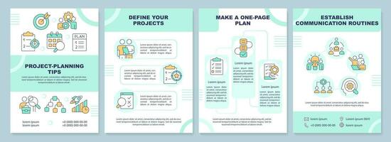 Project planning tips green brochure template. Management. Leaflet design with linear icons. Editable 4 vector layouts for presentation, annual reports