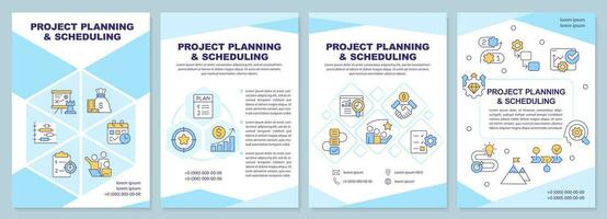 Project planning and scheduling blue brochure template. Leaflet design with linear icons. Editable 4 vector layouts for presentation, annual reports