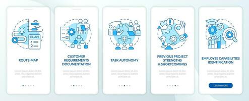 Project planning benefits blue onboarding mobile app screen. Business walkthrough 5 steps editable graphic instructions with linear concepts. UI, UX, GUI template vector