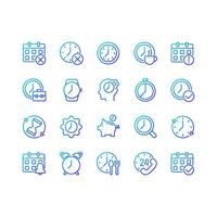 Time and clock pixel perfect gradient linear vector icons set. Daily schedule. Tracking deadlines. Working hours. Thin line contour symbol designs bundle. Isolated outline illustrations collection