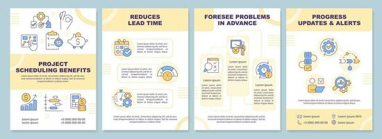 Project scheduling benefits yellow brochure template. Leaflet design with linear icons. Editable 4 vector layouts for presentation, annual reports