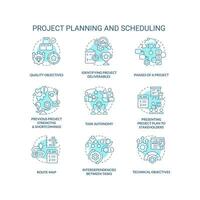 Project planning and scheduling turquoise concept icons set. Business improvement idea thin line color illustrations. Isolated symbols. Editable stroke vector