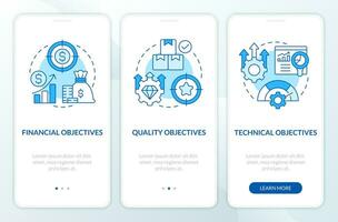 Objectives in project management blue onboarding mobile app screen. Walkthrough 3 steps editable graphic instructions with linear concepts. UI, UX, GUI template vector