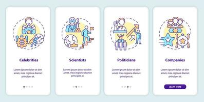 Trendsetters onboarding mobile app screen. New trend. Opinion leader walkthrough 4 steps editable graphic instructions with linear concepts. UI, UX, GUI template vector