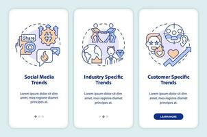 Trends categories onboarding mobile app screen. Market research walkthrough 3 steps editable graphic instructions with linear concepts. UI, UX, GUI template vector