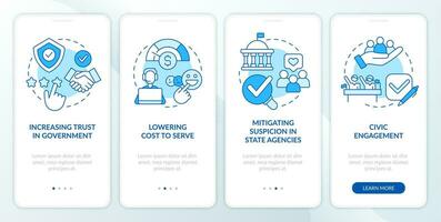 Public service delivery changes blue onboarding mobile app screen. Walkthrough 4 steps editable graphic instructions with linear concepts. UI, UX, GUI template vector