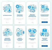 Public sector issues blue onboarding mobile app screen set. Walkthrough 4 steps editable graphic instructions with linear concepts. UI, UX, GUI template vector