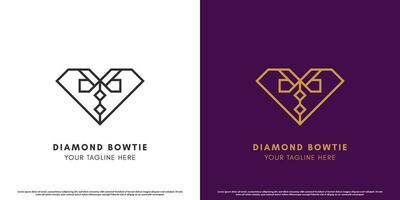 Diamond tie logo design illustration. Modern creative abstract flat line silhouette simple diamond tie minimalist elegant golden luxury. Tuxedo necktie bowtie icon symbol for clothing jewel crystal. vector