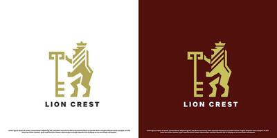 Lion crest logo design illustration. Simple flat silhouette of a lion holding a key wild animal predator elegant minimalist old medieval luxury modern wilderness. Royal king leo animal icon symbol. vector