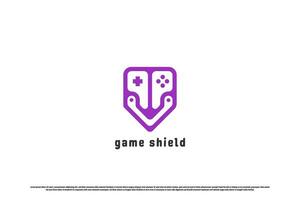 Gaming shield esport logo design illustration. Creative abstract simple flat silhouette of joystick console play button shield. Child fun modern minimalist technology digital game concept symbol icon. vector