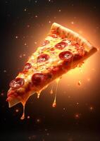 Hot tasty pizza with fire flames on dark background. Image for menu or poster. AI Generative photo