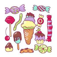 Vector set of sweets in doodle style. In color, on a white background. 13 elements