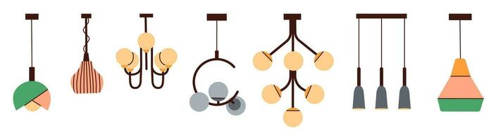 A set of lighting fixtures for home decor. Decorative chandeliers. Diverse lighting for interior design. Flat vector illustration.