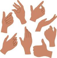 hand drawn illustration set of differnt hand gesture. Hand showing signal, sign collection and holding object, on white background isolated vector illustration