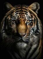 gratis Tigre o león retrato oscuro antecedentes. ai generado foto