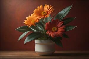 Flowers in a pot on a solid color background. ai generative photo