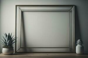 Glass picture frame on a solid color background. ai generative photo