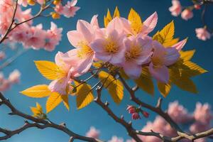 cherry blossom sakura flower on blue sky background, ai generative photo