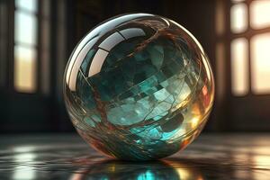 Transparent crystal ball on a wooden table. ai generative photo