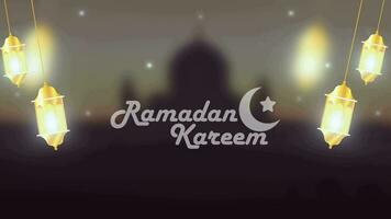 Ramadan Kareem celebration. Arabic mosque silhouette with stars for the holy month of the Muslim community, traditional Ramadan lanterns swinging and animated Ramadan Kareem text. video