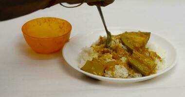 fermer coup de main en remuant mangue curry riz sur blanc plaque. femme portion Indien aliments. video