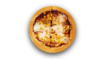 Top view of hot sweet corn pizza on white background. Rotating pizza video