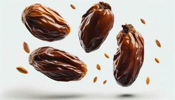 Dried dates float on a white background, Generative AI photo