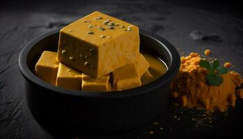 Exquisite Delicacy traditional Indian paneer butter masala in a bowl on black background, Generative AI photo