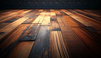 A wooden floor with a dark background and a light shining on it, Generative AI photo