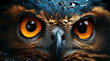 Close-Up of Owl's Eyes, Intense Yellow Eye Color on a Captivating Black Background, Capturing the Wildlife Predator's Vision, Ai generative photo