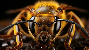 de cerca de un abejas ojos - sorprendentes negro ojo y vibrante naranja cuerpo en un cautivador negro fondo, capturar de la naturaleza belleza foto