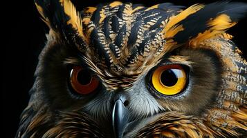 Close-Up of Owl's Eyes, Intense Yellow Eye Color on a Captivating Black Background, Capturing the Wildlife Predator's Vision, Ai generative photo